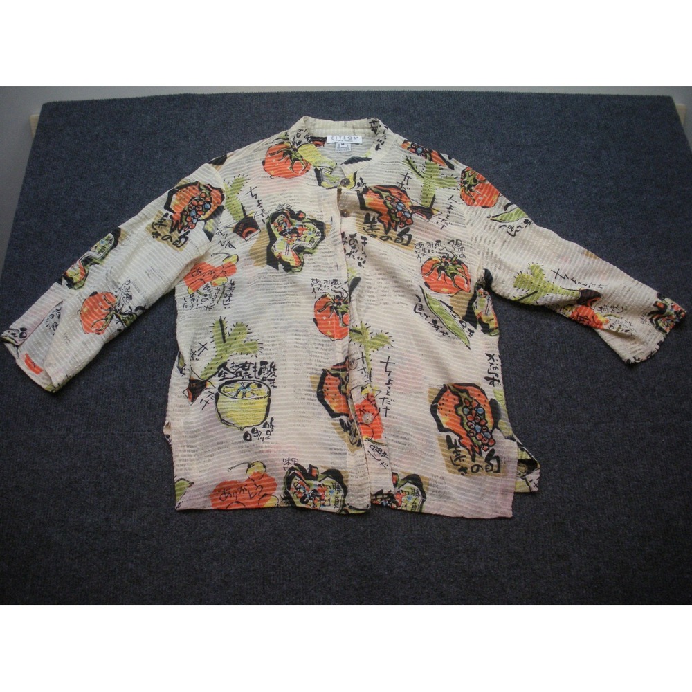 Citron Santa Monica Silk Blend Newspaper Fruit Print Blouse Medium Art to Wear